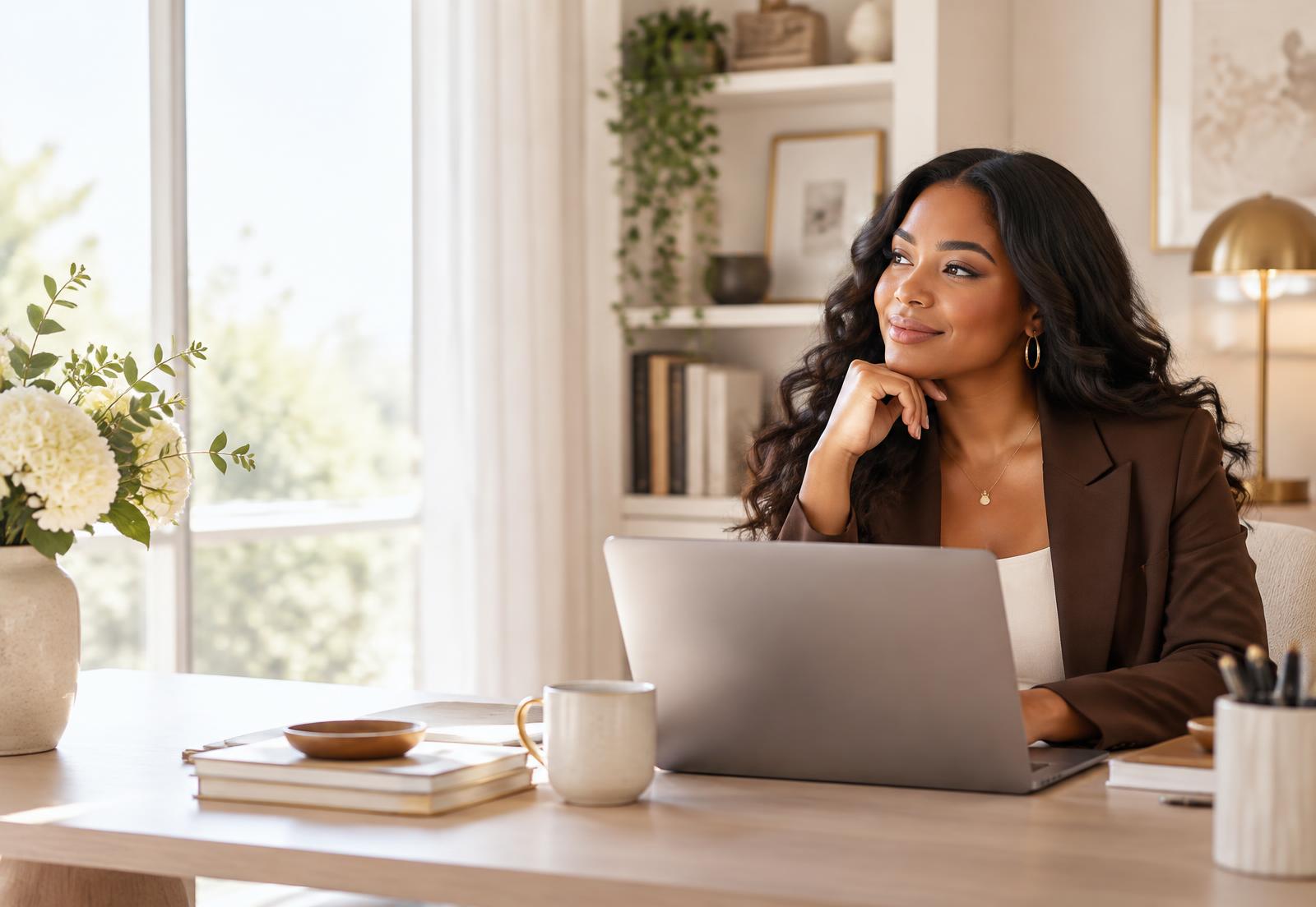 Woman building her career from a bright, elegant home office